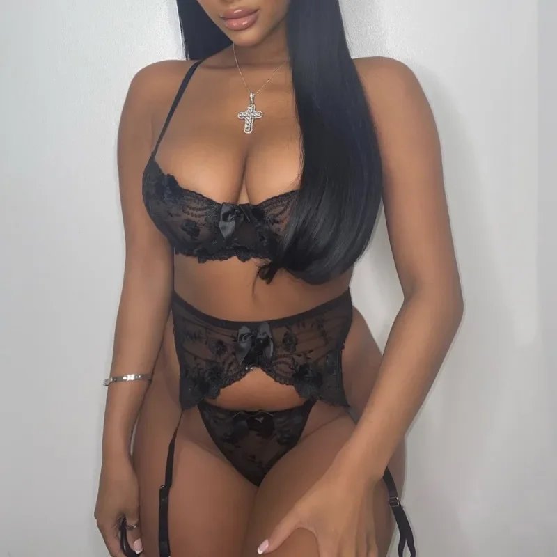 Tornova 3 Piece Set Sexy Lingerie Lace Embroidered Eyelashes Perspective Underwired Push-up Bra See-through Women's Underwear
