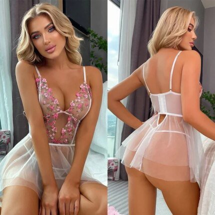Sexy Underwear Flower Embroidery Lace Dress Sleeveless Backless Underwear Transparent Mesh Underwear Exotic Dress Sexy Suit