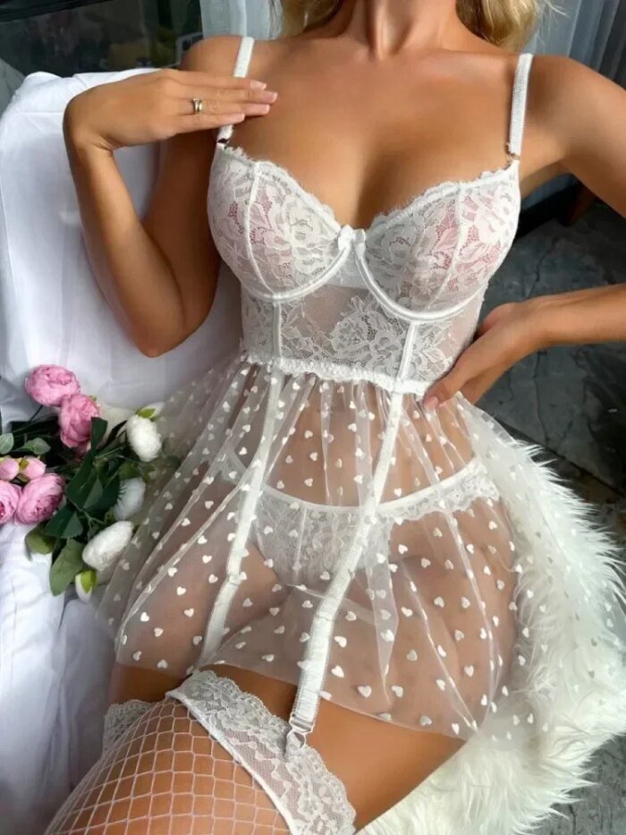 Women Sexy Mesh Lace Bra Transparent Lingerie Dress Women Erotic Underwear  Babydoll Dress Transparent Bra Garter Thong Set - Image 4