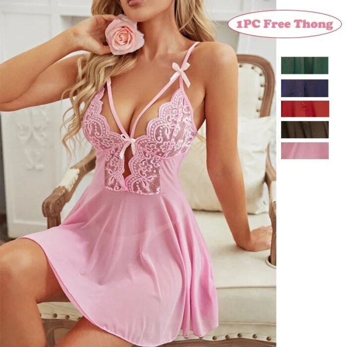 Women's Sexy Lace Nightdress Women's Bow Lingerie Pajamas Set Babydoll Costumes Erotic Hot Dresses Exotic Pajamas Sex Sleepwear - Image 1