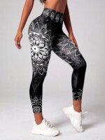 Lotus patterned high waisted leggings, suitable for yoga, running, and dancing as hip lifting sportswear - sporty and fashionabl - Image 3