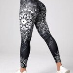 Lotus patterned high waisted leggings, suitable for yoga, running, and dancing as hip lifting sportswear - sporty and fashionabl