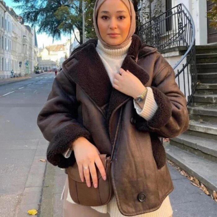 HXAO Faux Leather Jacket Winter Coat Female Button Long Sleeve Brown Jacket Demi-Season Faux Wool Coats And Mixtures Jacket - Image 3