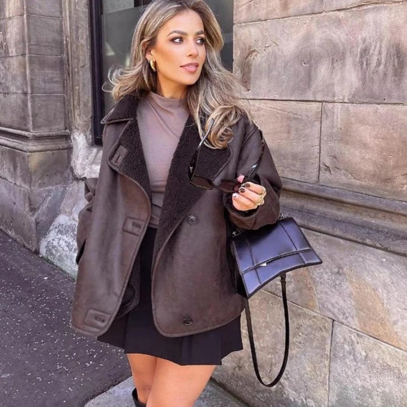 HXAO Faux Leather Jacket Winter Coat Female Button Long Sleeve Brown Jacket Demi-Season Faux Wool Coats And Mixtures Jacket