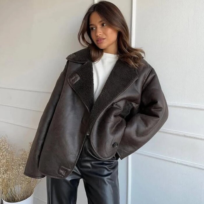 HXAO Faux Leather Jacket Winter Coat Female Button Long Sleeve Brown Jacket Demi-Season Faux Wool Coats And Mixtures Jacket - Image 5