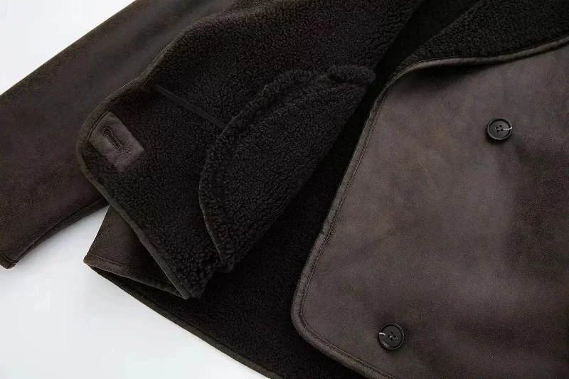 TRAF Woman Thick Faux Leather Jackets for Women Coat Autumn Winter Warm Wool Blends Coats Demi-season Plush Jacket Outerwear