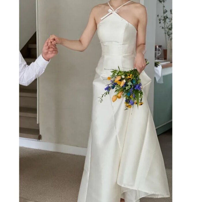 Newest A-line Wedding Dress Elegant Floor-length Sleeveless Party Dress Sweet Bow Halter Simple Stain Bridal Dresses Customized - Image 2
