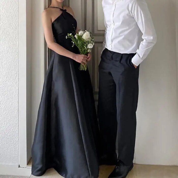 Newest A-line Wedding Dress Elegant Floor-length Sleeveless Party Dress Sweet Bow Halter Simple Stain Bridal Dresses Customized - Image 4
