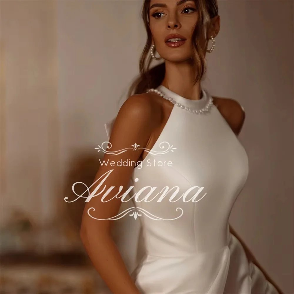 Aviana Customized Temperament Elegant Pearls Sleeveless Wedding Dress Women High Slit Back Bow A-Line Simple Stain Bridal Gown Aviana Customized Temperament Elegant Pearls Sleeveless Wedding Dress Women High Slit Back Bow A-Line Simple Stain Bridal Gown