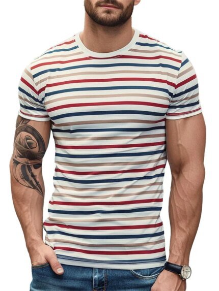 Fashion Stripe 3D Printed T Shirts For Men Summer Casual Crew Neck Short Sleeve T-shirt Loose Vintage Breathable Tees Pullovers