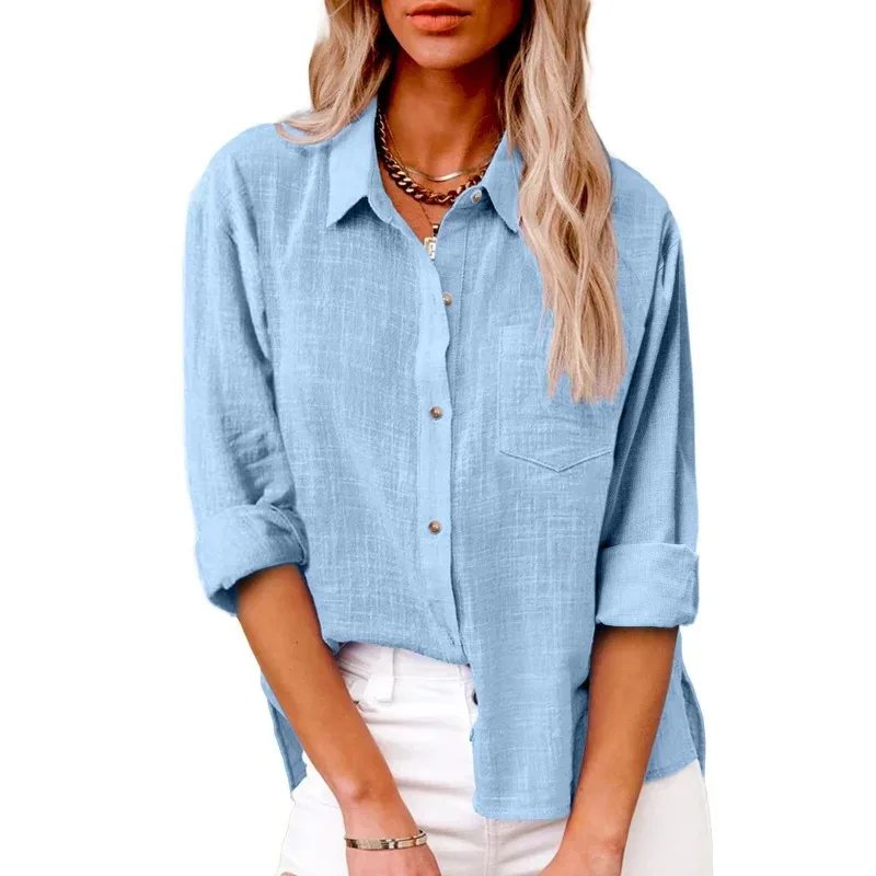 Cotton Linen Long Sleeve Shirts for Women T Shirt Solid Fashion T-Shirt Woman Clothes Tshirt Elegant Casual Tops Tees Streetwear