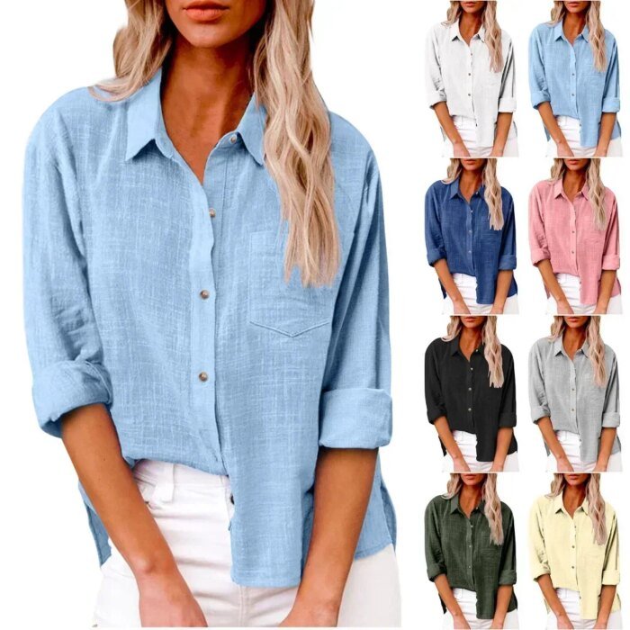 Cotton Linen Long Sleeve Shirts for Women T Shirt Solid Fashion T-Shirt Woman Clothes Tshirt Elegant Casual Tops Tees Streetwear - Image 1