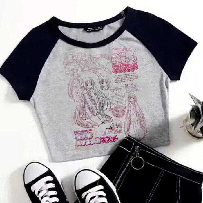 Japanese Anime Chobits T Shirt Women Kawaii Cartoon Vintage Clothes Cropped Short Sleeve Aesthetic Crop Top Tees Punk Female - Image 5