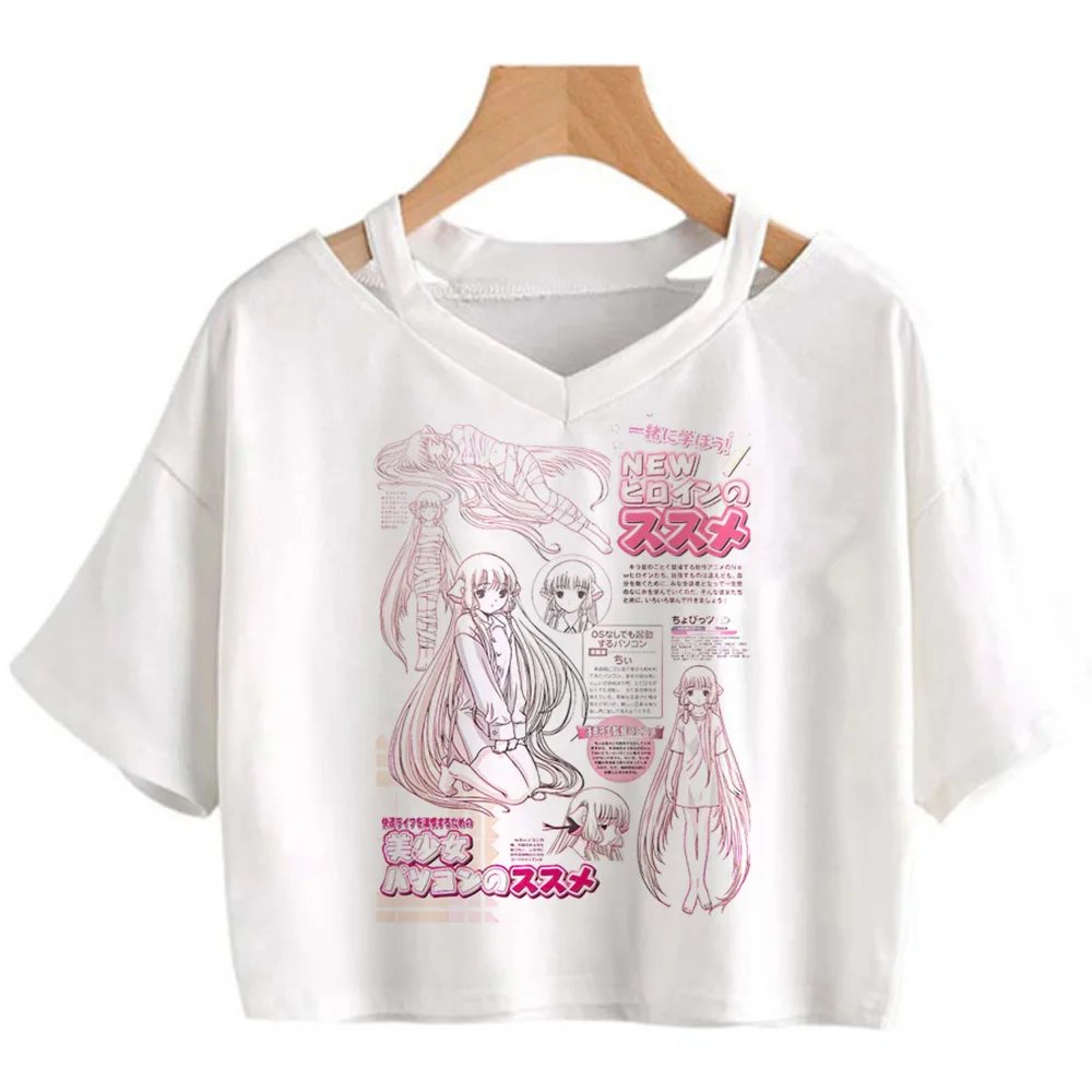 Japanese Anime Chobits T Shirt Women Kawaii Cartoon Vintage Clothes Cropped Short Sleeve Aesthetic Crop Top Tees Punk Female