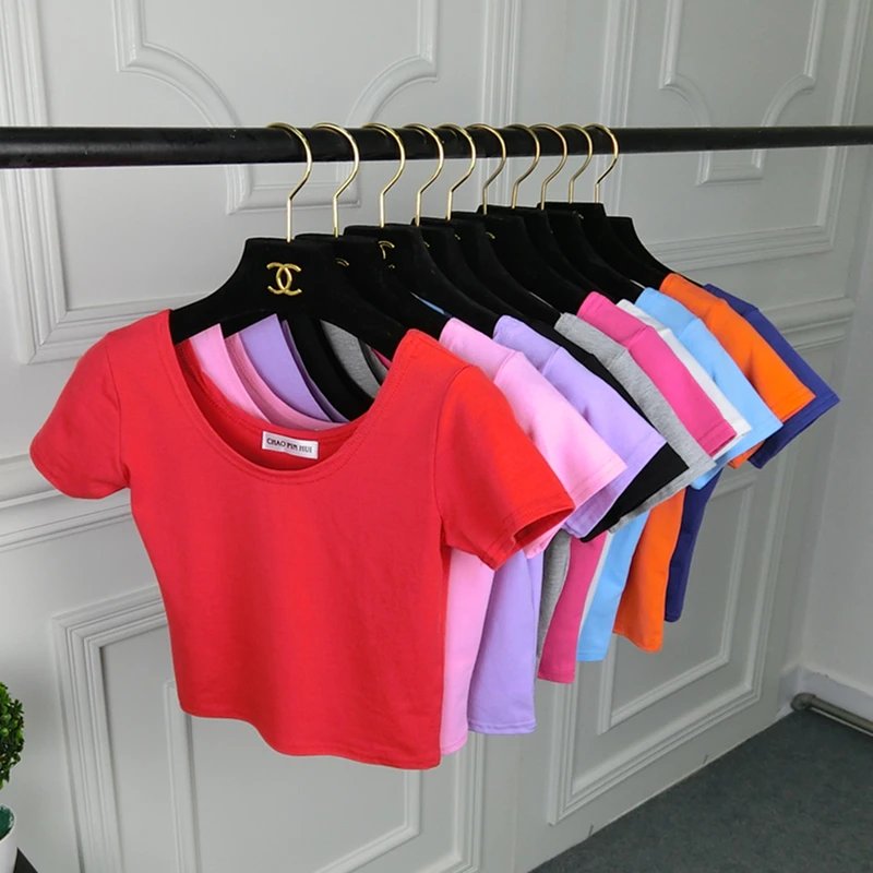 Stretch Women Cotton Sexy U Neck Crop Top 2024 Girls Short Sleeve Female Fashion Best Sell Popular Tee Top T-shirt Hot Sale