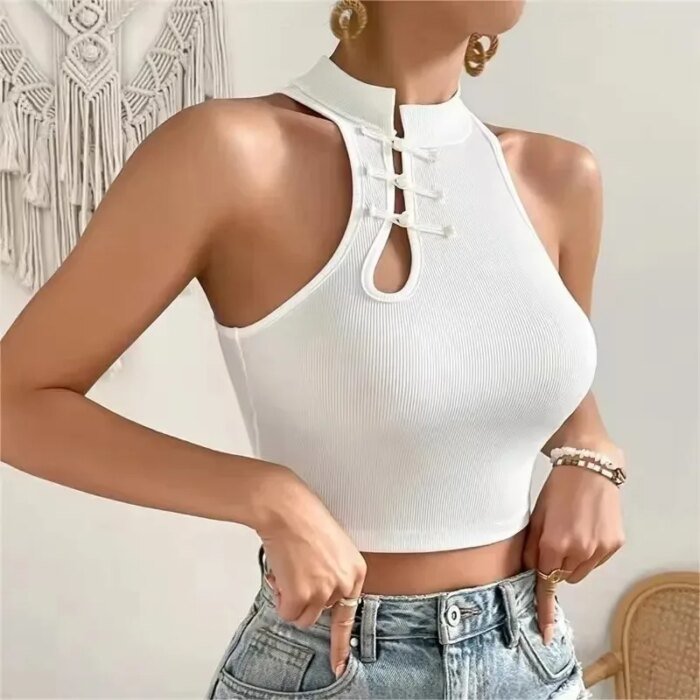 2025 Summer Women Vintage Chinese Button White Tank Top Halter Tops O-Neck Cute Y2k Crop Tops Off Shoulder Tops for Girls - Image 4
