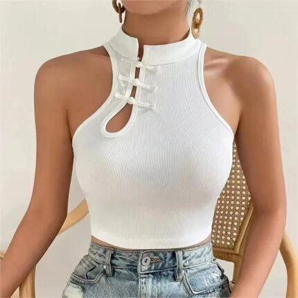 2025 Summer Women Vintage Chinese Button White Tank Top Halter Tops O-Neck Cute Y2k Crop Tops Off Shoulder Tops for Girls