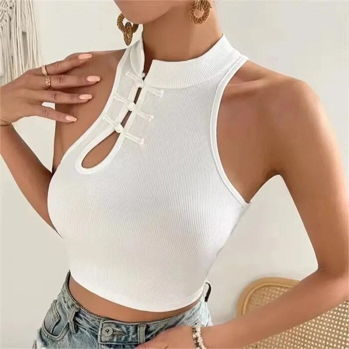 2025 Summer Women Vintage Chinese Button White Tank Top Halter Tops O-Neck Cute Y2k Crop Tops Off Shoulder Tops for Girls - Image 3