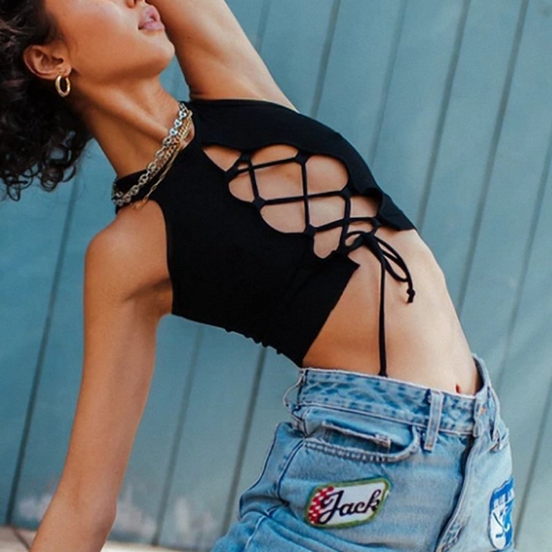 Sexy Strap Hollow Out Bare Midriff Halter Crop Tops Women Tank Top Casual Sleeveless Cropped Vest Camisole Tube Top Female