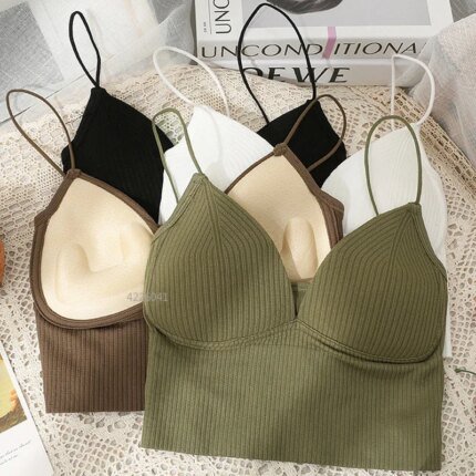 Women Sexy Sleeveless Crop Tops Seamless Underwear Wireless V-Shaped Camisole Bralette One-Piece Tube Tops Padded Bra