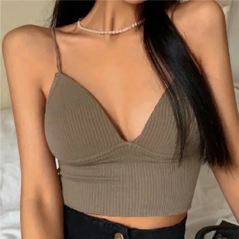 Women Sexy Sleeveless Crop Tops Seamless Underwear Wireless V-Shaped Camisole Bralette One-Piece Tube Tops Padded Bra