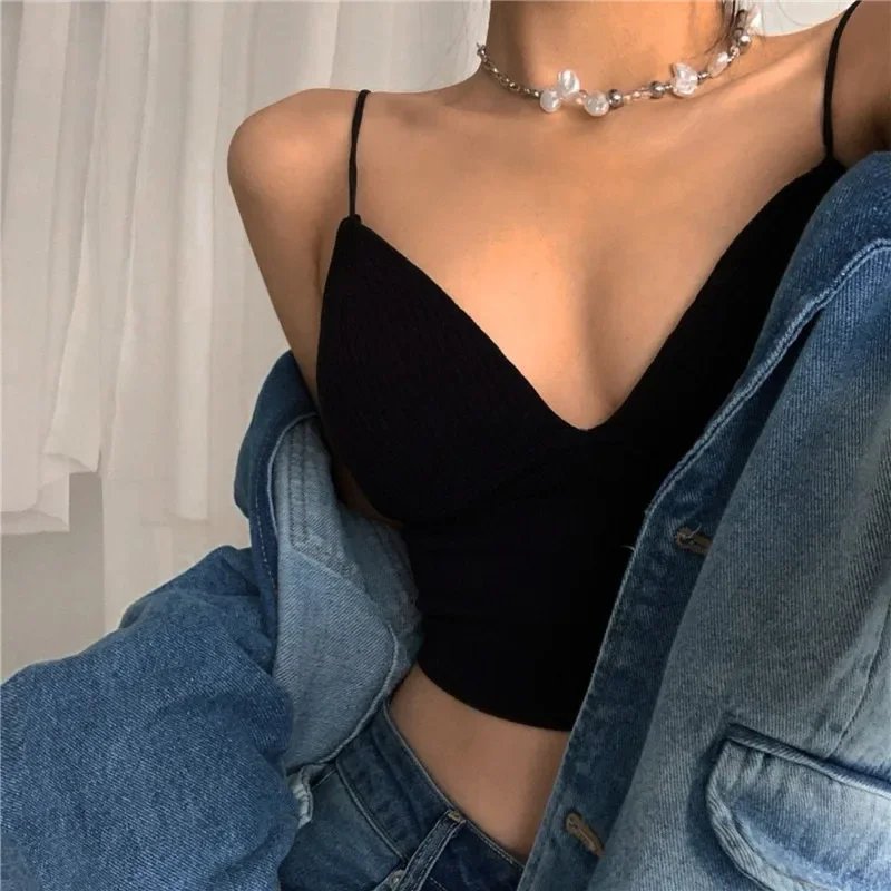 Women Sexy Sleeveless Crop Tops Seamless Underwear Wireless V-Shaped Camisole Bralette One-Piece Tube Tops Padded Bra