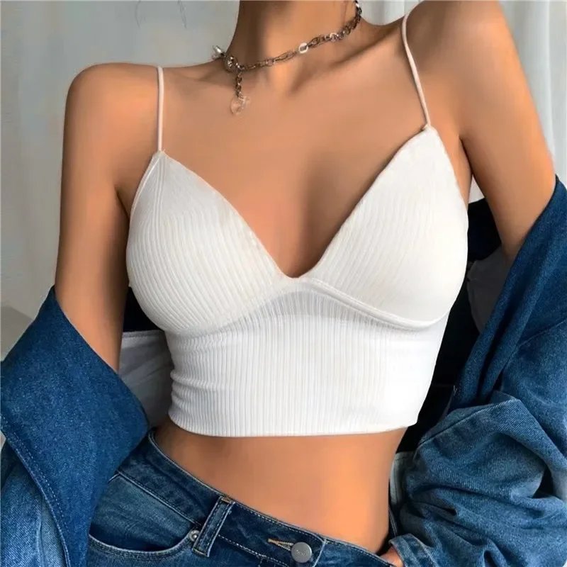 Women Sexy Sleeveless Crop Tops Seamless Underwear Wireless V-Shaped Camisole Bralette One-Piece Tube Tops Padded Bra
