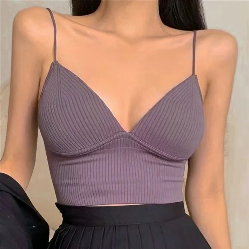 Women Sexy Sleeveless Crop Tops Seamless Underwear Wireless V-Shaped Camisole Bralette One-Piece Tube Tops Padded Bra