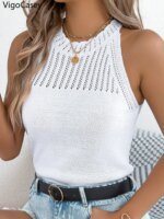 VigoCasey 2025 Lady Summer Sexy Bodycon Top Women Solid Hollow Knit Vest Female Off Shoulder Sleeveless Casual Clud Tops Clothes