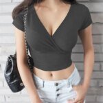 Y2K Vintage Solid Khaki Cross Crop Top T-shirt Women Cropped Slim Short Sleeve Tops V-neck Summer Clothes Tee Shirt Femme - Image 4