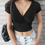 Y2K Vintage Solid Khaki Cross Crop Top T-shirt Women Cropped Slim Short Sleeve Tops V-neck Summer Clothes Tee Shirt Femme - Image 3