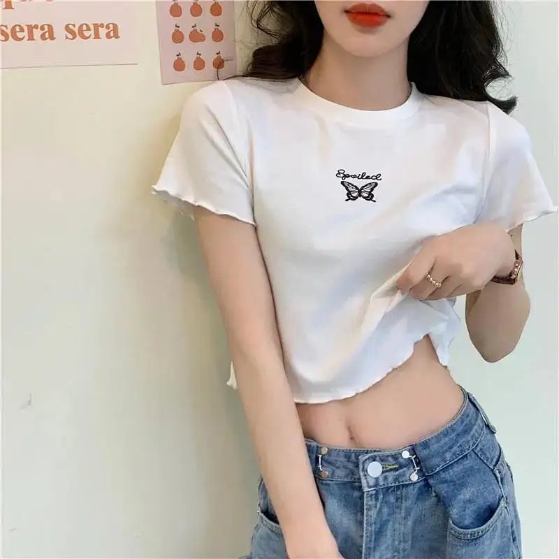Y2K Crop Top T-shirt Women O-neck High Waist Slim Crop Top Butterfly Embroidered Short-Sleeved Tee Shirt T-shirts Woman Clothes