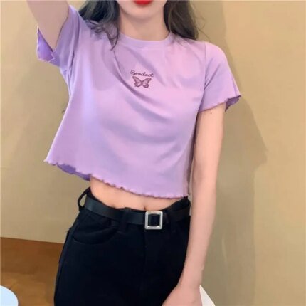 Y2K Crop Top T-shirt Women O-neck High Waist Slim Crop Top Butterfly Embroidered Short-Sleeved Tee Shirt T-shirts  Woman Clothes