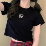 Y2K Crop Top T-shirt Women O-neck High Waist Slim Crop Top Butterfly Embroidered Short-Sleeved Tee Shirt T-shirts  Woman Clothes - Image 4