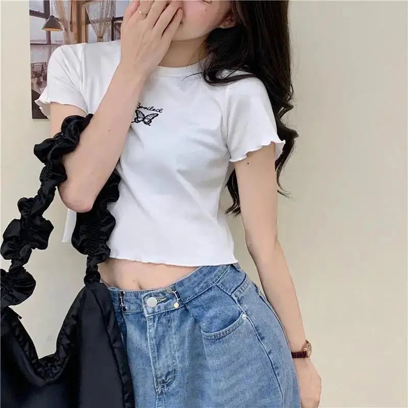 Y2K Crop Top T-shirt Women O-neck High Waist Slim Crop Top Butterfly Embroidered Short-Sleeved Tee Shirt T-shirts Woman Clothes