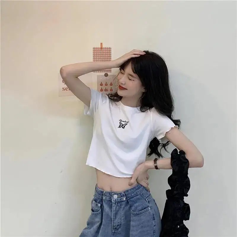 Y2K Crop Top T-shirt Women O-neck High Waist Slim Crop Top Butterfly Embroidered Short-Sleeved Tee Shirt T-shirts Woman Clothes