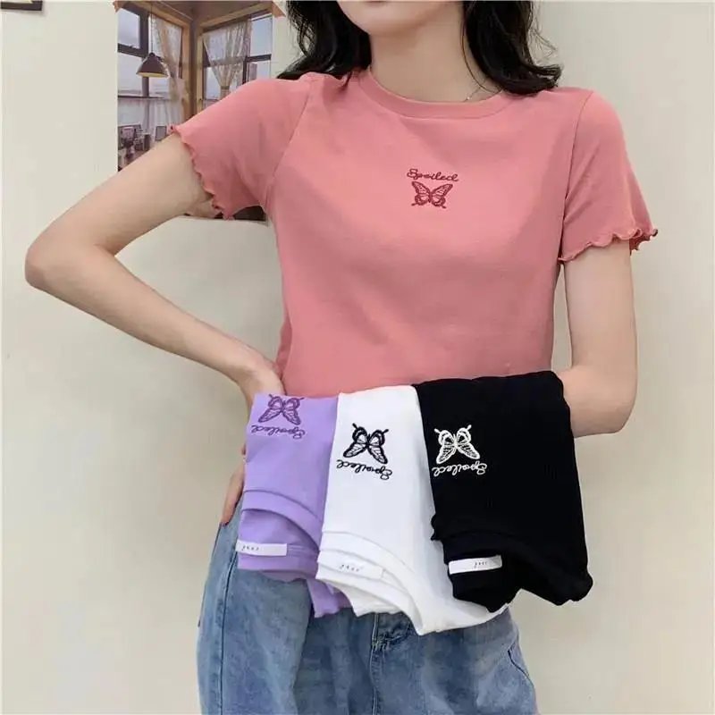 Y2K Crop Top T-shirt Women O-neck High Waist Slim Crop Top Butterfly Embroidered Short-Sleeved Tee Shirt T-shirts Woman Clothes