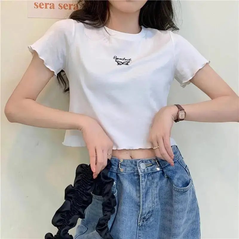 Y2K Crop Top T-shirt Women O-neck High Waist Slim Crop Top Butterfly Embroidered Short-Sleeved Tee Shirt T-shirts Woman Clothes
