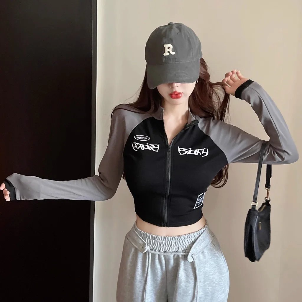 Korean Retro Motorcycle Half High Neck Short Zipper Cropped Top Spring Autumn Spicy Elastic High Waist Long Sleeve T-shirt