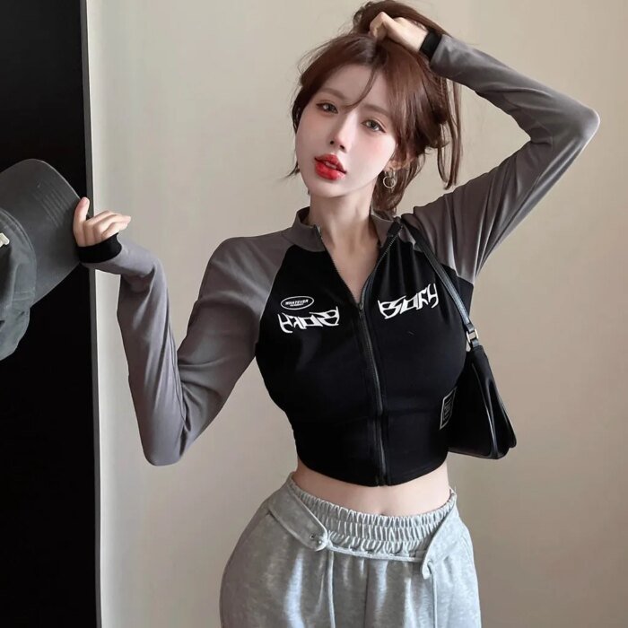 Korean Retro Motorcycle Half High Neck Short Zipper Cropped Top Spring Autumn Spicy Elastic High Waist Long Sleeve T-shirt - Image 2
