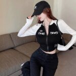 Korean Retro Motorcycle Half High Neck Short Zipper Cropped Top Spring Autumn Spicy Elastic High Waist Long Sleeve T-shirt - Image 3