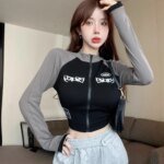 Korean Retro Motorcycle Half High Neck Short Zipper Cropped Top Spring Autumn Spicy Elastic High Waist Long Sleeve T-shirt - Image 4