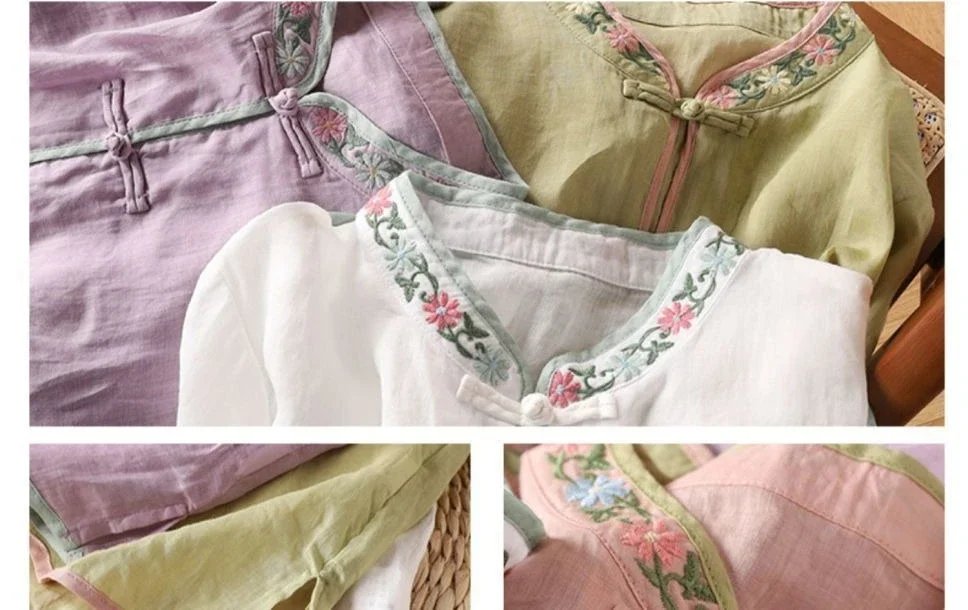 Summer Vintage Tshirt Woman Clothes Cotton Linen Tops Tee Loose Embroidered T-Shirts Women Harajuku Casual Blusas Ladies T Shirt
