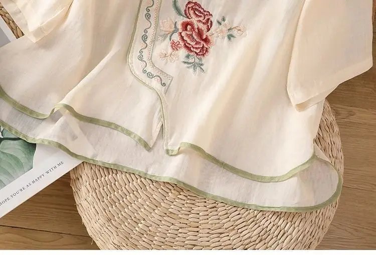 Summer Vintage Tshirt Woman Clothes Cotton Linen Tops Tee Loose Embroidered T-Shirts Women Harajuku Casual Blusas Ladies T Shirt