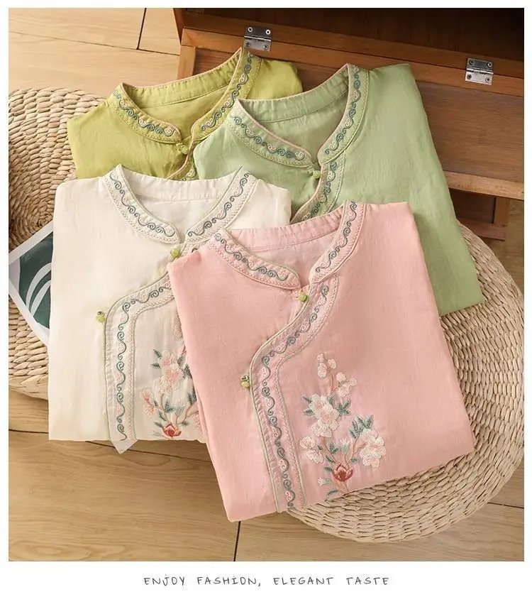 Summer Vintage Tshirt Woman Clothes Cotton Linen Tops Tee Loose Embroidered T-Shirts Women Harajuku Casual Blusas Ladies T Shirt
