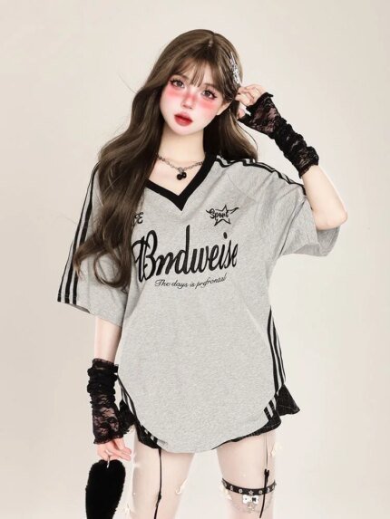 Oversize Casual ort Sve T-irt Women's Loose Fit Contrast Color Patchwork Vintage Top Summer Comfortable Polyester