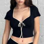 Y2k Summer Sexy Crop Top Bow Baby Tees Women Chic Cute Low Cut Short Sleeve T-Shirts Black Square-neck Streetwear Clothes - Image 3