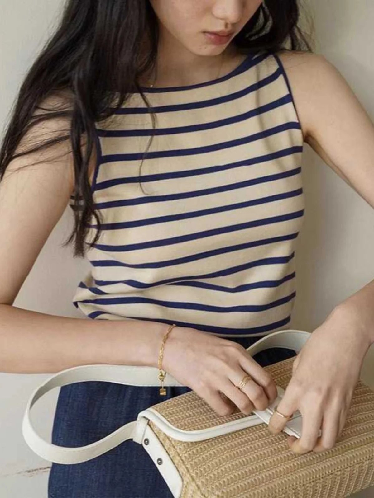 Bla White Striped Knitted Svel Strap Vest Women Summer Inner Wear Outer Wear Slim Fit ort Sport Top Commute Sle