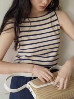 Bla White Striped Knitted Svel Strap Vest Women Summer Inner Wear Outer Wear Slim Fit ort Sport Top Commute Sle - Image 4