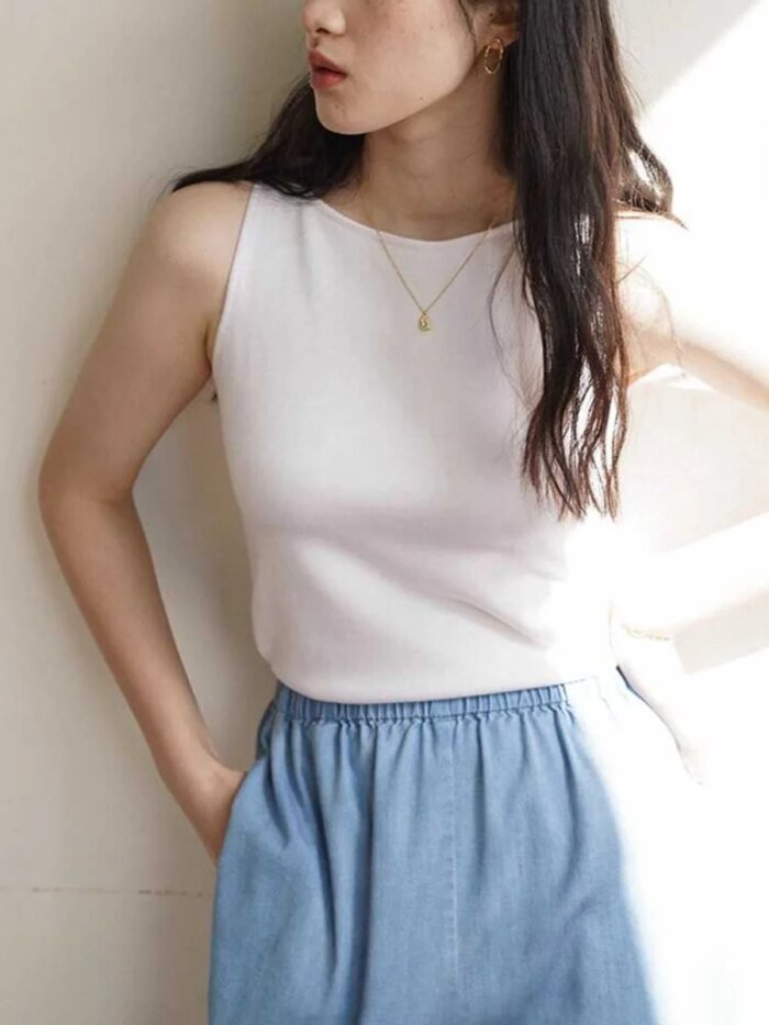 Bla White Striped Knitted Svel Strap Vest Women Summer Inner Wear Outer Wear Slim Fit ort Sport Top Commute Sle - Image 5